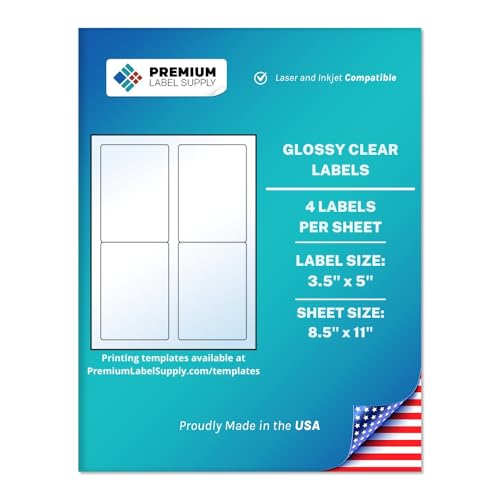 Premium Label Supply Glossy Clear Labels – 3.5" x 5" – Laser/Inkjet Compatible – (4 per Sheet), 10 Sheets – 40 Total Adhesive Labels - size: 40 Labels