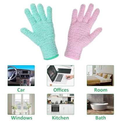 Thinp 2 Pairs Microfiber Dusting Gloves, Reusable Plant Cleaning Gloves-Washable Leaf Cleaning Gloves Gentle Dusting Mitt for Plants House Kitchen Car Blinds Lamps (Pink, Green)