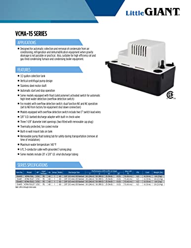Little Giant VCMA-15ULT 115 Volt, 65 GPH, 1/50 HP Automatic Condensate Removal Pump with Tubing (no safety switch), Black/White, 554411 | 6' cord w/ plug, 20' Tubing, No safety switch, 1/50 HP, 15' shutoff, Automatic, 1/2 gal tank, For HVAC /dehumidifiers