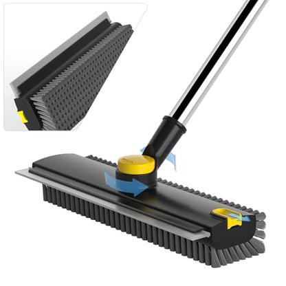 Floor Scrub Brush with Long Handle, 3 in 1 Scrape and Heavy-Duty Stiff Bristle Floor Scrubber Brush Broom with Squeegee and Tweezer for Cleaning Black - color: Black