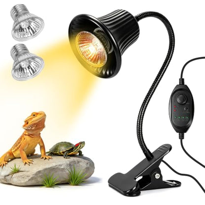 Reptile Heat Lamp, Heating Lamp for Reptiles with UVA UVB,2H,4H,8H,10H Cycle Timing&Stepless Dimming Adjustment Basking Light for Turtle, Bearded Dragon, Lizard and More, 2 Bulbs