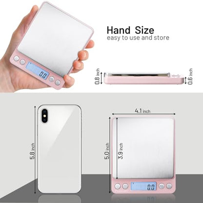 Fuzion Small Gram Scale 3000g, Digital Kitchen Food Scale, Gram and Ounce | 0.1g Accuracy, 6 Modes, 2 Trays Included, Tare Function, Piece Counting, For Food, Coffee, Cooking, Herb, Reptiles, Coins - color: Pink
