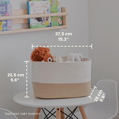 OrganiHaus Cotton Rope Baskets for Shelves, Set of 3, 15x9x10 | Handwoven; a toy bin and organizer for towels, books, or blankets; fits nursery, playroom, or bedroom decor - color: Honey / Off-White