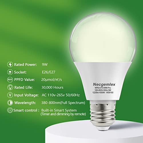 Smart Grow Light Bulbs for Indoor Plants, Programmable Timer and Dim | Full Spectrum Plant Grow Bulbs, Dimmable, 9W, E26/27, 4500K, Remote Control, Sun Mimics Mode, Daily Auto On/Off, 4Pack - size: 4 Pack