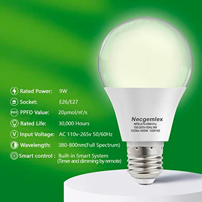 Smart Grow Light Bulbs for Indoor Plants, Programmable Timer and Dim | Full Spectrum Plant Grow Bulbs, Dimmable, 9W, E26/27, 4500K, Remote Control, Sun Mimics Mode, Daily Auto On/Off, 4Pack - size: 4 Pack