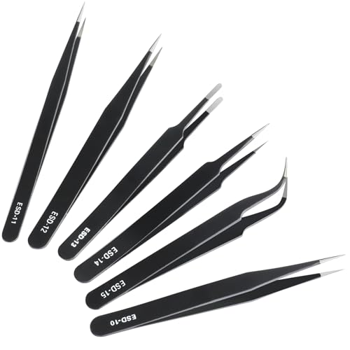 6 Pcs Precision Tweezers Set, Anti-Static Stainless Steel Craft | ESD Curved of Tweezers for Electronics, precision tweezers Craft, Laboratory Work, Jewelry-Making, etc