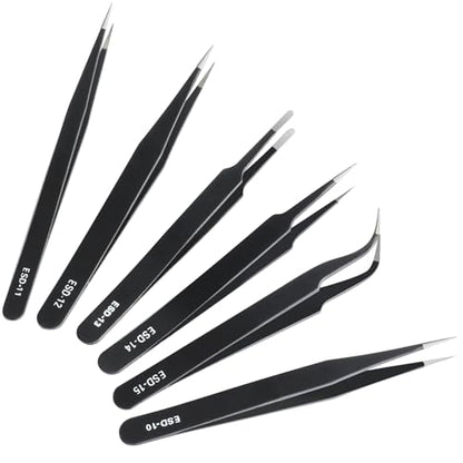 6 Pcs Precision Tweezers Set, Anti-Static Stainless Steel Craft | ESD Curved of Tweezers for Electronics, precision tweezers Craft, Laboratory Work, Jewelry-Making, etc
