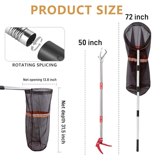 Snake Grabber Tool, 50'' Folding Snake Grabber Tongs with 72'' Detachable Stainless Steel Snake Catching Net for Corrosion Resistance High Load Capacity Easy to Clean and Maintain