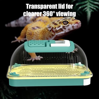 Portable Reptile Terrarium Carrier Cage with Handle & Tray, Clear Breathable Reptiles Feeding Box for Small Reptile Amphibians Bearded Dragon, 19 x 12.5 x 9.5 cm
