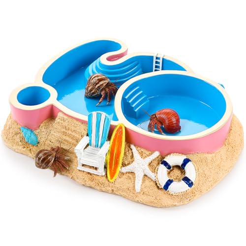 Gerrii Hermit Crab Water Bowl 2 Compartments Resin Hermit Crab Water Bathing Pool and Food Dish Seashell Reptile Climbing Habitat Platform for Turtles Lizard Frog Gecko Chameleons(Round)