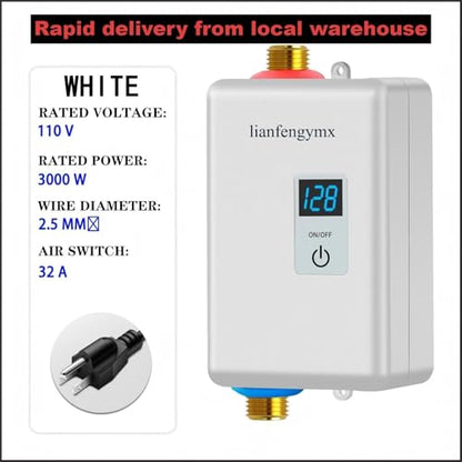 Electric Tankless Water Heater 3000W 110V, On Demand Instant Hot Water with LED Display, Under Sink Point of Use for Kitchen Bathroom, Wall Mounted, Stainless Steel - color: White