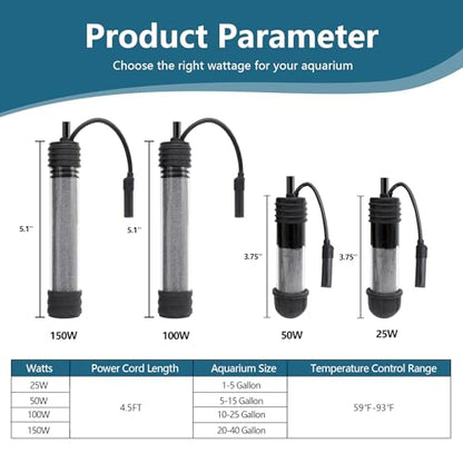 Small Aquarium Heater 25W Submersible Fish Tank Heater for 1-5 Gallons, Dual LED Display Temperature Controller, Suitable for Saltwater and Freshwater, Mini Water Heater for Betta/Turtle Tank - size: 25W