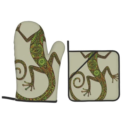 Reptiles Ornamental Colorful Lizard with Ethnic Patterns Exotic 4 Pack Oven Mitts and Pot Holders Set, Thick Polyester Heat Resistant Kitchen Gloves for Baking BBQ Grilling