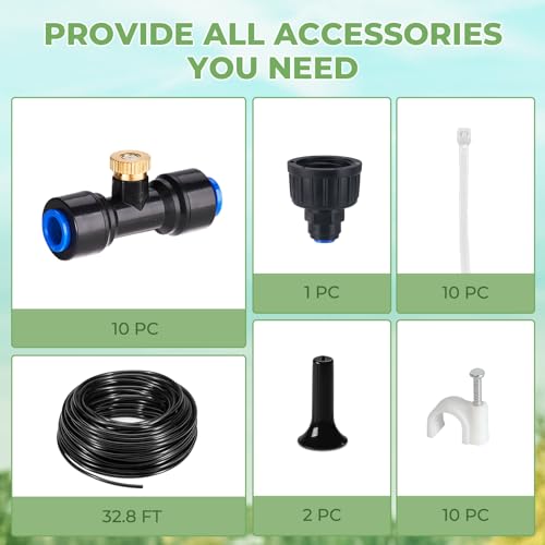 HIRALIY DIY Misters for Outside Patio, 32.8FT (10M) Misting Hose, 10 Brass Mist Nozzles, 2 Plugs, Water Misters for Backyard, Porch, Patio Cooling, Garden Watering and Chicken Coop