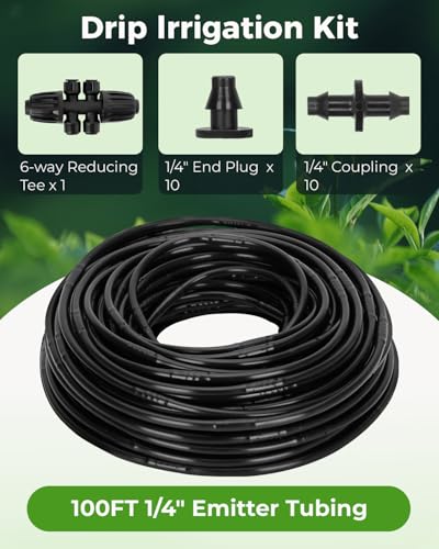 1/4" Drip Irrigation Tubing with 6" Emitter Spacing, (100 Ft Roll) Hydroponics Dripline, 1/4" Drip Irrigation Fittings Included, Built-in 0.5 GPH Dripper, Drip Line for Irrigation System (Black) - size: 100FT