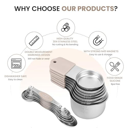 HOUJIP Magnetic Measuring Cups and Spoons Set-304 Stainless Steel,Khaki | Double Measurement Markings,BPA-Free,Set of 16 with Leveler for Measuring Dry and Liquid Ingredients - color: Khaki