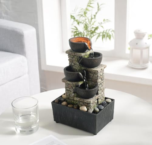 Haobos Indoor Waterfall Fountain 4-Tier Cascading Bowl Home Décor Relaxation Water Zen Meditation Tabletop Fountain Artistic Desk Fountains with LED/Rocks Home/Office Decoration - color: 4-tier Cascading Bowl