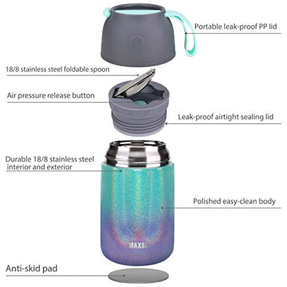 MAXSO 2 Pack Soup Thermo for Hot & Cold Food for Kids Adults, Vacuum Insulated Food Jar Thermal Lunch Containers, Travel Food Flask with Spoon (24 oz,17 oz) (Glitter Rainbow) - color: Rainbow