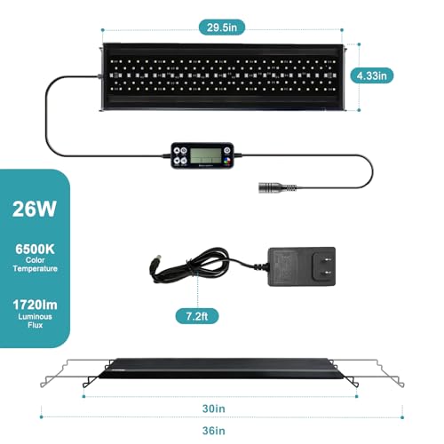 24/7 LED Aquarium Light, IP68 Waterproof Extendable Bracket Fish Tank Light with Timer, 7 Colors, 10 Level Adjustable Brightness, DIY Mode Full Spectrum Aquarium Plant Light for 30-36 Inch Fish Tank - size: 30"-36"