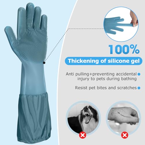 Dog washing gloves | Pet grooming gloves | Extra Long Arms 17.3in,hazy blue | This pet hair removal glove is made of thickened waterproof silicone and features scratch and bite resistance. - color: hazy blue