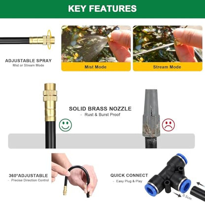 Drip Irrigation System with Brass Nozzles – 2026 Upgrade 100FT Garden Watering Kit with 20Pcs 360° Adjustable Misting Sprinklers Quick Connect Fittings for Raised Beds, Lawn, Patio - size: 100ft + 20 pcs nozzles and connectors