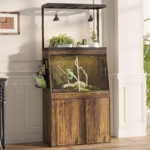 45 Gallon Inclined Reptile Tank with Terrarium Stand, Large Terrarium Reptile Tank Enclosure with Storage Cabinet, Adjustable Shelves and Ventilation Hole Panel, Bearded Dragon Cage, Brown
