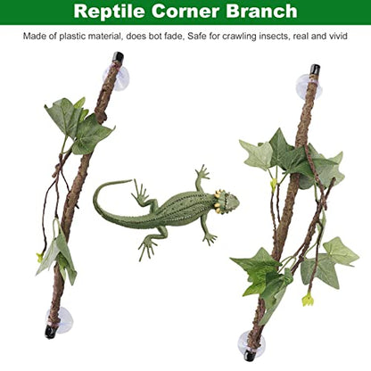 Plplaaoo 2PCS Reptile Corner Branch with Suction Cups – Flexible Imitation Bendable Jungle Climbing Vine Terrarium Plant Decoration for Bearded Dragon, Gecko, Snake & Spider Habitat Tank Accessories