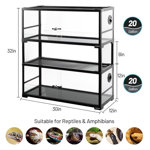 REPTI ZOO Double Stacked Reptile Tank 30" x 12" x 32", 40 Gallon Stackable Glass Terrarium with Sliding Doors, Top Ventilation, Space Efficient Enclosures for Bearded Dragon, Lizard, Snake, Gecko