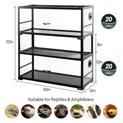 REPTI ZOO Double Stacked Reptile Tank 30" x 12" x 32", 40 Gallon Stackable Glass Terrarium with Sliding Doors, Top Ventilation, Space Efficient Enclosures for Bearded Dragon, Lizard, Snake, Gecko