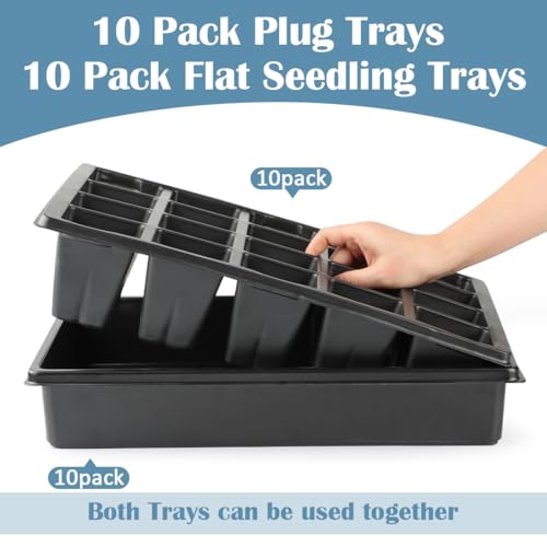 RooTrimmer 10 Pack 2.5 inch Square Pots 3.5 inch Deep 20 Cell Seedling Plug Trays with Water Collection Nursery Trays (15"x11"x3") for Seeds Starting and Transplanting - size: 20 Cell Plug Trays + Flat Trays-10P