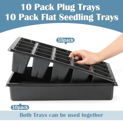 RooTrimmer 10 Pack 2.5 inch Square Pots 3.5 inch Deep 20 Cell Seedling Plug Trays with Water Collection Nursery Trays (15"x11"x3") for Seeds Starting and Transplanting - size: 20 Cell Plug Trays + Flat Trays-10P