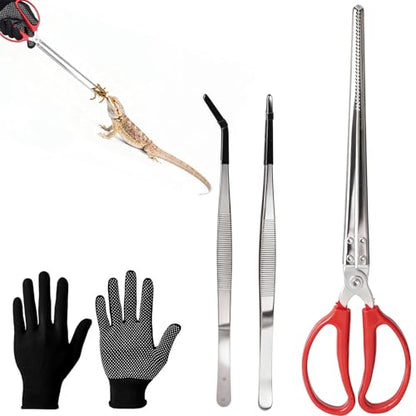 Feeding Tongs, Reptile Feeding Tongs for Snakes, Lizard, 3PCS Stainless Steel Tweezers with Gloves & Black Rubber Tips