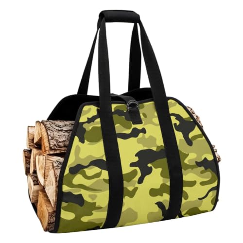 Camo Print Padded Handle Firewood Carrier | Water Resistant, Lightweight Foldable Design, Large Capacity, Easy Transport, Indoor Outdoor Firewood Holder - color: Lime Light Green Soft Camo Print