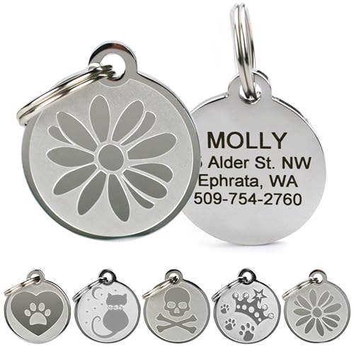 GoTags Playful, Custom Engraved Pet ID Tags, Solid Stainless Steel, Personalized Dog and Cat Pet ID with up to 4 Lines of Text, Cute, Durable and Long-Lasting - style: Flower