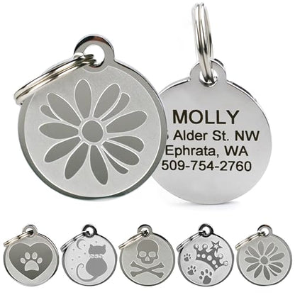 GoTags Playful, Custom Engraved Pet ID Tags, Solid Stainless Steel, Personalized Dog and Cat Pet ID with up to 4 Lines of Text, Cute, Durable and Long-Lasting - style: Flower