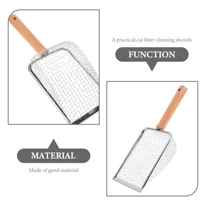 Mikikit Metal Cat Litter Scoop with Wood Handle, Mesh Sifter Shovel 5x5mm for Reptile and Small Pet Waste Cleaning, Sturdy Pet Litter Shovel for Cats and Hamsters