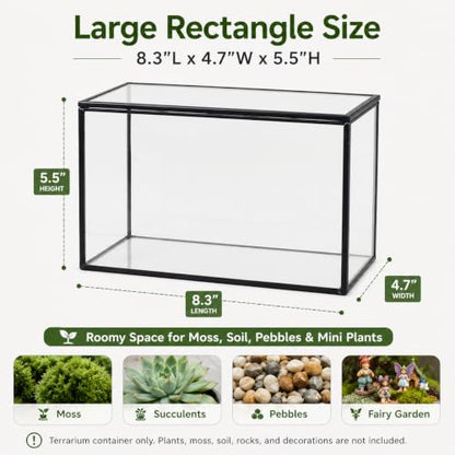 Glass Plant Terrarium with Lid, Rectangular Black Metal Frame Box for Indoor Plants, Clear Glass Container for Moss, Succulent, Fairy Garden, Tabletop Decor DIY Gift, 8.3”L x 4.7”W x 5.5”H - size: Large Rectangle