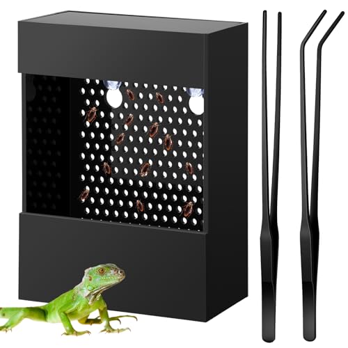 Geyoga Bearded Dragon Feeder with Suction Cups and 2 Tweezers Chameleon Bug Bowl Bug Feeder for Bearded Dragon Acrylic Reptile Feeding Box Tank and Aquarium Accessories for Lizard Gecko Frog(Black) - color: Black