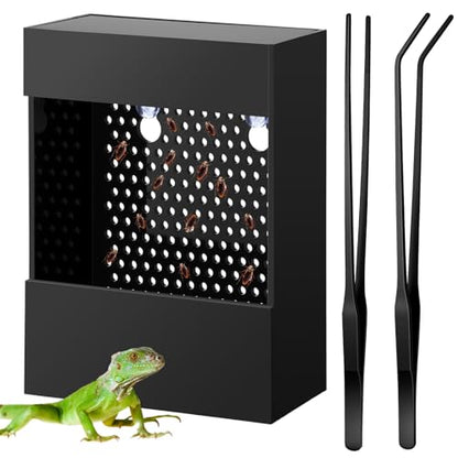 Geyoga Bearded Dragon Feeder with Suction Cups and 2 Tweezers Chameleon Bug Bowl Bug Feeder for Bearded Dragon Acrylic Reptile Feeding Box Tank and Aquarium Accessories for Lizard Gecko Frog(Black) - color: Black