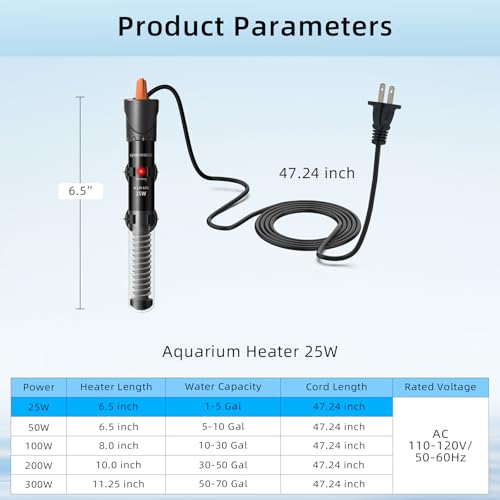 HiTauing Aquarium Heater 25W/50W/100W/200W/300W, Adjustable Knob Fish Tank Heater with Digital Thermometer, Submersible Betta/Turtle Tank Heater for Freshwater and Saltwater Tanks - size: 25W for 1-5 gallon