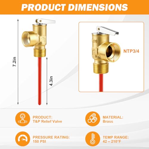 3/4" NPT Water Heater Pressure Relief Valve, 150 PSI Pressure Relief Valve for RV Hot Water Heater, Brass T&P Relief Valve with Epoxy-Coated Probe, Universal Suburban RV Water Heater Parts Replacement
