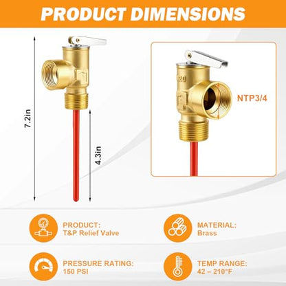 3/4" NPT Water Heater Pressure Relief Valve, 150 PSI Pressure Relief Valve for RV Hot Water Heater, Brass T&P Relief Valve with Epoxy-Coated Probe, Universal Suburban RV Water Heater Parts Replacement