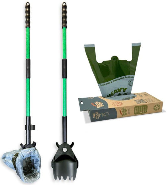 Scooper and Hybrid Rake Set with 100 Count Heavy Dootie Bags. Best for Large Dog Poo Yard Cleanup. Quick, Clean, Convenient.