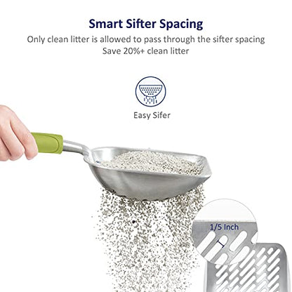 Cat Litter Scoop, Aluminum Alloy Sifter, Kitty Metal Scooper, Deep Shovel with Diagonal Sifting Hole, Long Handle, Kitten Poop Lifter for Litter Box, Large Size, Green Handle - color: #03 Green, size: Large