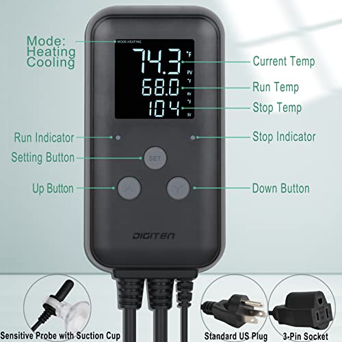 DIGITEN Waterproof Digital Temperature Controller for Aquarium, Greenhouse & Outdoor Heating - 10A Heat Mat Thermostat Controller - size: 10A Waterproof Temperature Controller