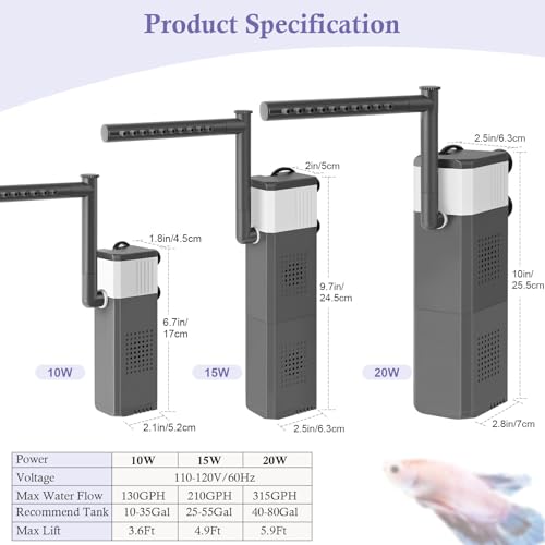 10W 130GPH Powerful Aquarium Filter for 10-35Gal Fish Tank, Adjustable Filter with Biochemical Sponge, Submersible Fish/Turtle Water Filters, Filtration/Oxygenation/Water Cycle 3in1 Filter - style: 10W(10-35Gal）