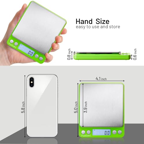 Fuzion Small Gram Scale 3000g, Digital Kitchen Food Scale, Gram and Ounce | 0.1g Accuracy, 6 Modes, 2 Trays Included, Tare Function, Piece Counting, For Food, Coffee, Cooking, Herb, Reptiles, Coins - color: Green