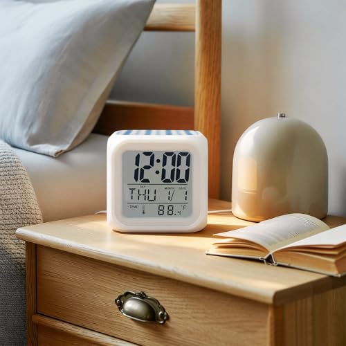 Abstract Blue Stripes Alarm Clock, Rustic Watercolor Denim Striped Classic Digital Clock Night Light with 7 Color, Calendar Temperature Display, NightLight Clock for Bedroom, 3.2x3.2in - color: Blue, Navy, White