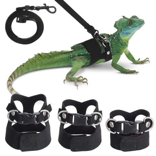 3 Pack Bearded Dragon Harness and Leash Set, Adjustable Nylon Bearded Dragon Accessories with 3 Sizes Vests, 6.56ft Lead for Reptile Training & Walking Accessories(Black) - color: Black