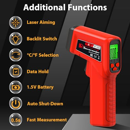 FKM Infrared Thermometer Gun Non-Contact Laser Thermometer Gun -58°F~986°F | (-50°C~530°C) Digital Temperature Gun for Cooking,Oven,Griddle,Automotive,HVAC,Industrial,Adjustable Emissivity,Not for Human - color: Red
